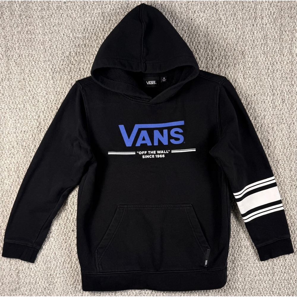 Vans Off The Wall Hoodie Boys Size M Black Blue Logo Skater Pullover Sweatshirt